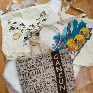 Set of 3 Canvas Tote Bags with Cancun and Marine Life Designs